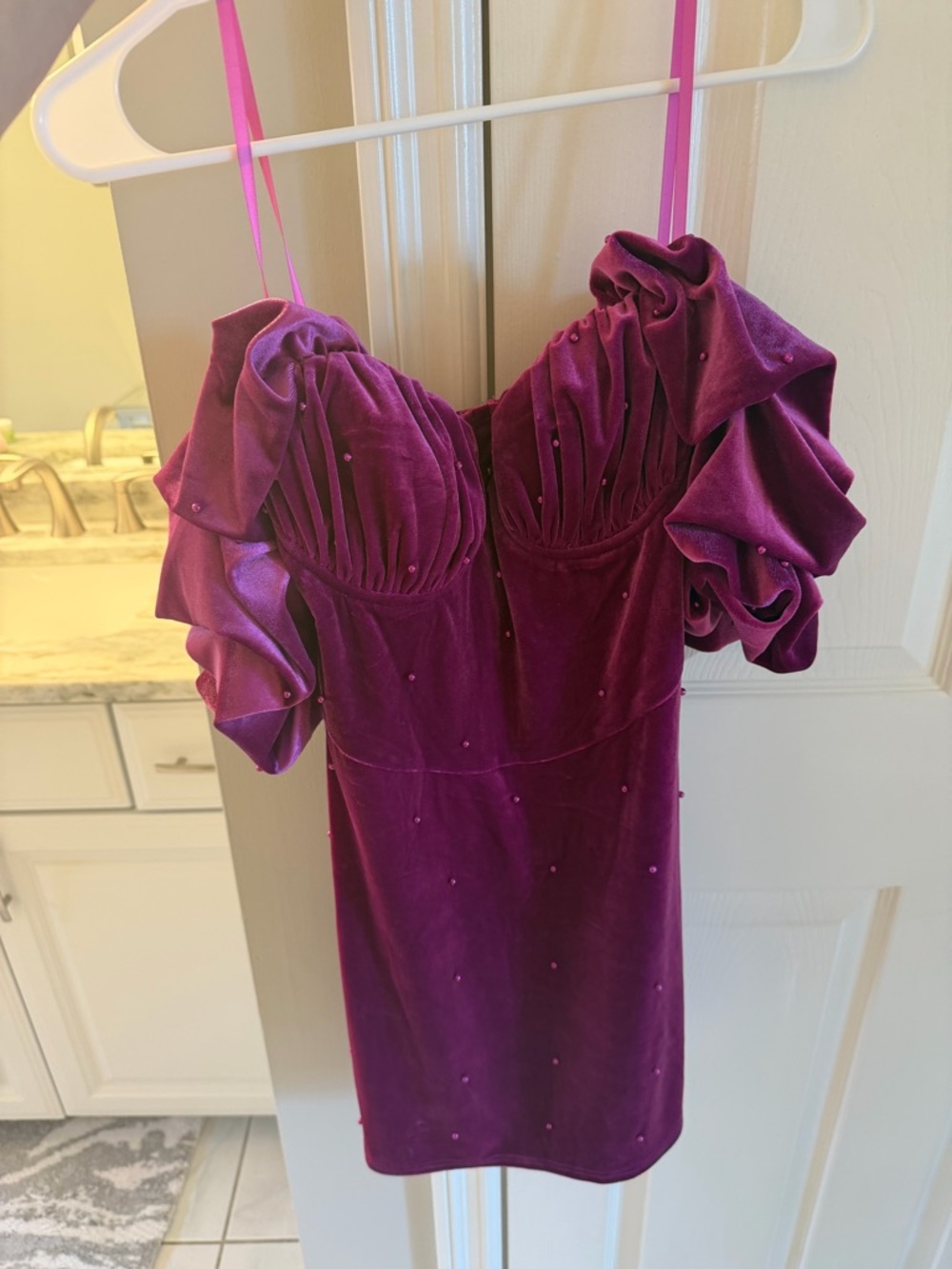 NWT Windsor Rachael Velvet Faux Pearl Off-The-Shoulder Mini Dress